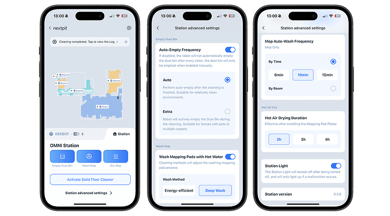 Trois smartphones affichent les paramètres de nettoyage et de lavage du Ecovacs Deebot N30 Pro Omni.