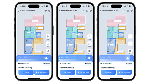 Trois smartphones affichant l'interface de nettoyage du Ecovacs Deebot X8 Pro Omni avec des cartes de pièces.