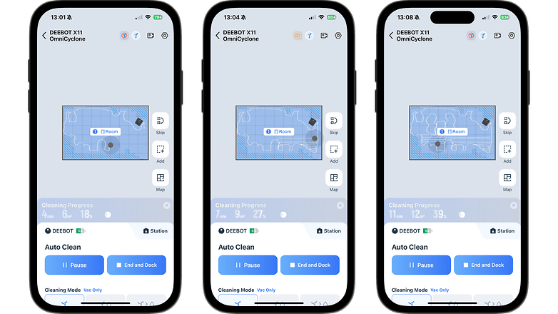 Drei Smartphone-Bildschirme, die den Reinigungsfortschritt und die Karte des Ecovacs Deebot X11 OmniCyclone anzeigen. Drei Smartphone-Bildschirme, die den Reinigungsfortschritt und die Karte des Ecovacs Deebot X11 OmniCyclone anzeigen.