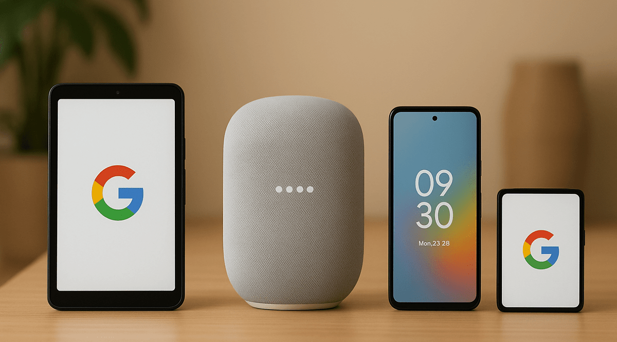 Una configuración de hogar inteligente de Google que presenta un altavoz y tres dispositivos con el logo de Google.