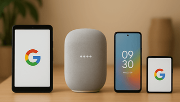 Ein Google Smart-Home-Setup mit einem Lautsprecher und drei Geräten, die das Google-Logo anzeigen.