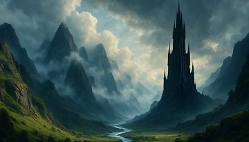 Eine dunkle, hohe Burg in einem nebligen Tal, umgeben von Bergen unter einem bewölkten Himmel.