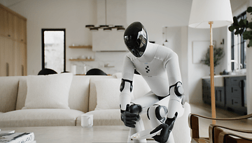 A humanoid robot interacting with a tablet in a modern living room.