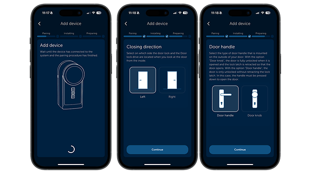 Écrans de smartphone montrant le processus de configuration pour le verrou de porte Homematic IP.