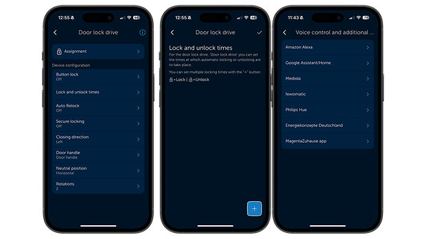 Drei Smartphone-Bildschirme, die Einstellungen für einen Homematic IP Türschlossantrieb anzeigen.