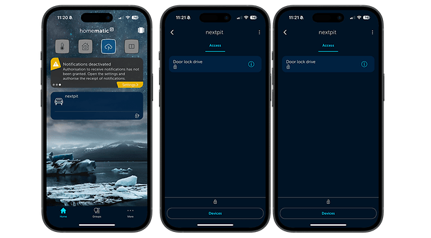 Application Homematic IP montrant les paramètres de la serrure de porte sur trois écrans de smartphone.