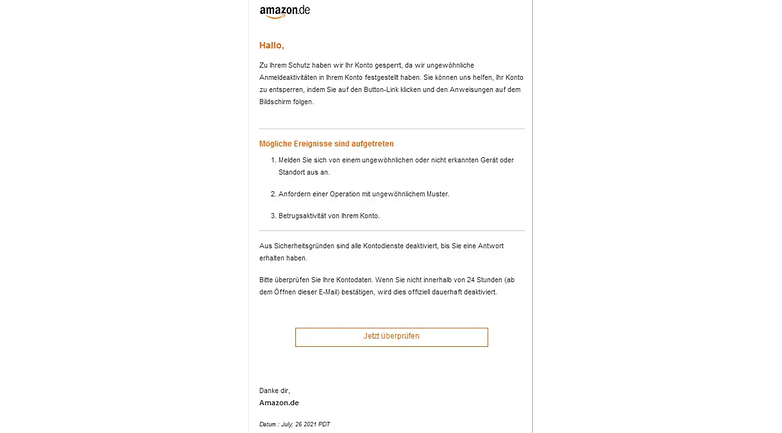 Phishing-Mail von Amazon