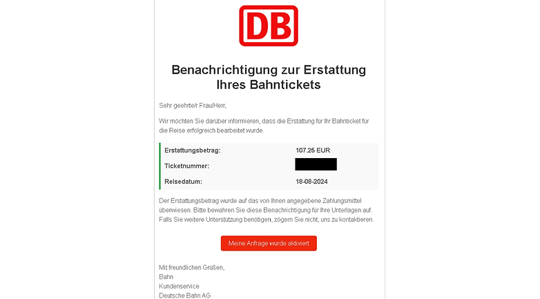 Gefälschte DB-Erstattungs-Benachrichtigung