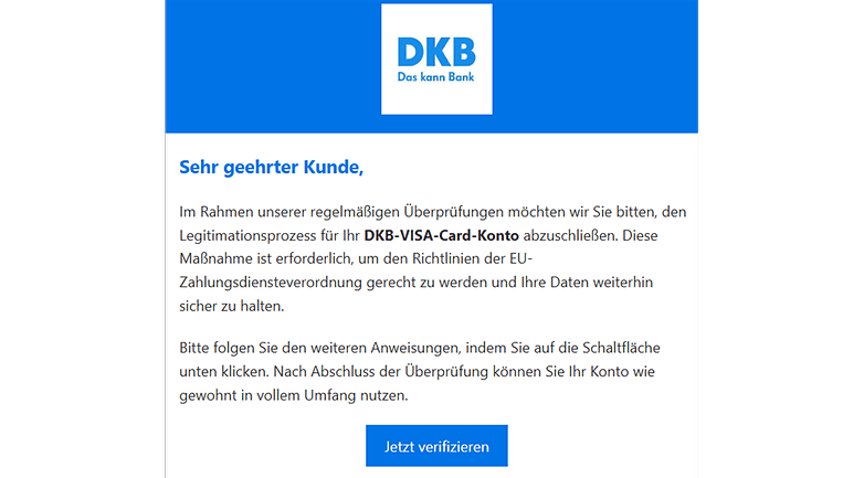 Phishing-Warnung per E-Mail von DKB zur Anforderung der Kontoverifizierung.