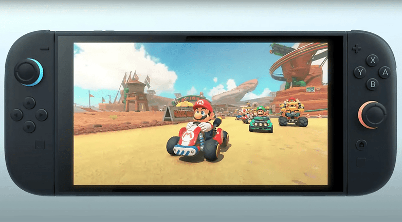 Nintendo Switch 2 zeigt eine Mario Kart-Rennszene mit Mario in Führung.