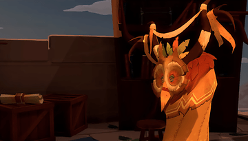 A colorful owl-like character stands in a detailed environment filled with crates and bookshelves.