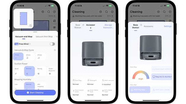 Mobile app interface for the Narwal Z10 Ultra's cleaning and accessory management.