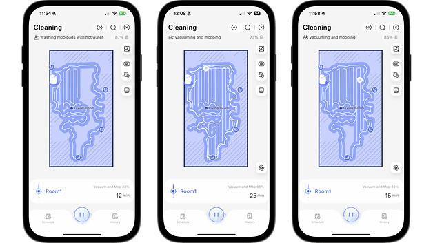 Three smartphone screens displaying progress maps for a robot vacuum cleaner.