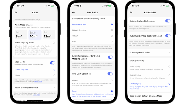 Three smartphone screens displaying the cleaning settings and options for vacuumming and mopping.
