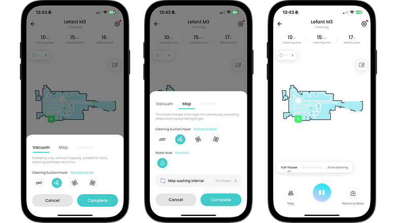 Lefant M3-App-Oberfläche zeigt Reinigungsbereich, Batteriestand und Optionen zum Staubsaugen und Wischen. Lefant M3-App-Oberfläche zeigt Reinigungsbereich, Batteriestand und Optionen zum Staubsaugen und Wischen.