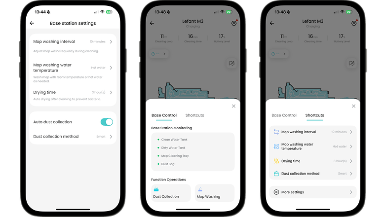 Lefant M3-App-Oberfläche zeigt Basistationseinstellungen und Reinigungsstatus. Lefant M3-App-Oberfläche zeigt Basistationseinstellungen und Reinigungsstatus.