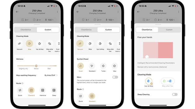 Drei Smartphone-Bildschirme zeigen die Benutzeroberfläche der Mova Z50 Ultra-App mit Reinigungsoptionen.