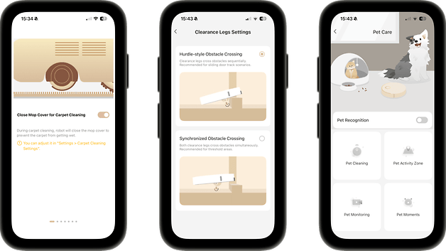 Drei Smartphone-Bildschirme zeigen Robotereinstellungen zur Reinigung und Optionen zur Pflege von Haustieren.