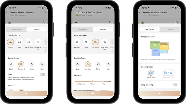 Drei Smartphone-Bildschirme zeigen die Benutzeroberfläche des Mova Z60 Ultra Roller Complete und Reinigungsmodi.