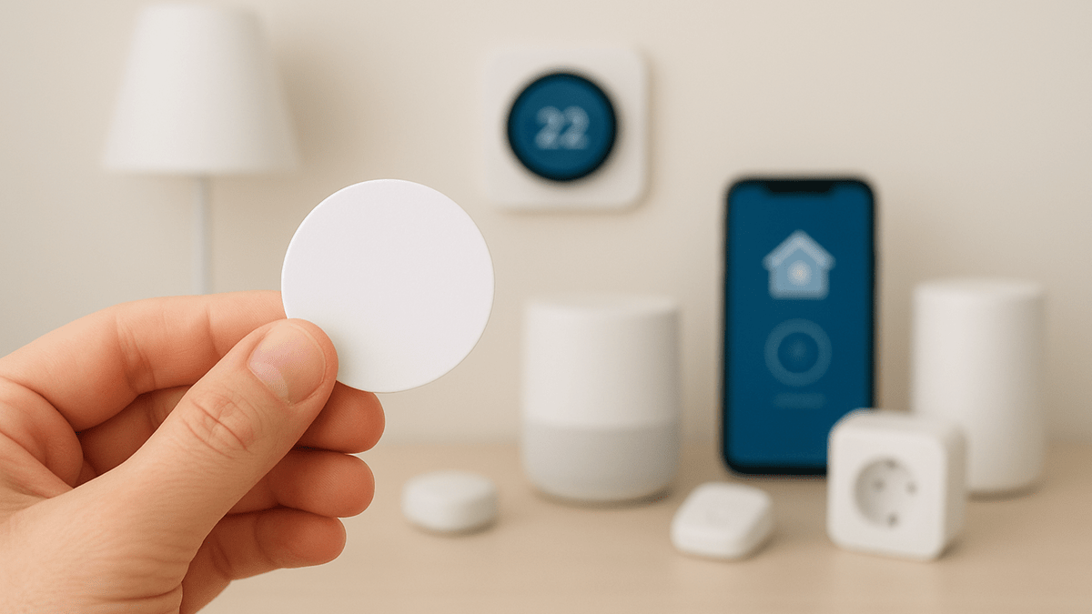 Une personne tenant un autocollant NFC blanc devant des appareils domotiques et un téléphone affichant un écran d'accueil.