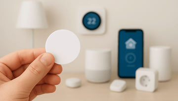 A person holding a white NFC sticker in front of smart home devices and a phone displaying a home screen.