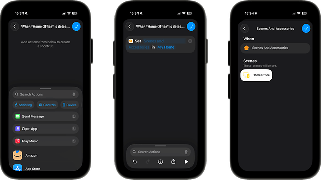 Drei iPhone-Bildschirme, die Verknüpfungen für NFC-Sticker-Aktionen in den Einstellungen des Home Office anzeigen.