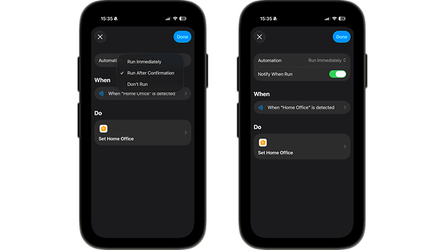 Einstellungen für die NFC-Sticker-Automatisierung auf einem Smartphone, einschließlich Optionen für Benachrichtigungen und Aktionen.