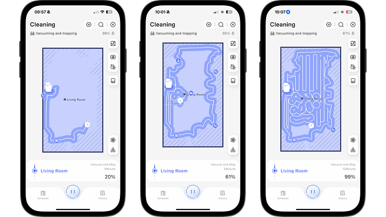 Three smartphone screens displaying cleaning maps with vacuuming and mopping status in a living room. Three smartphone screens displaying cleaning maps with vacuuming and mopping status in a living room.