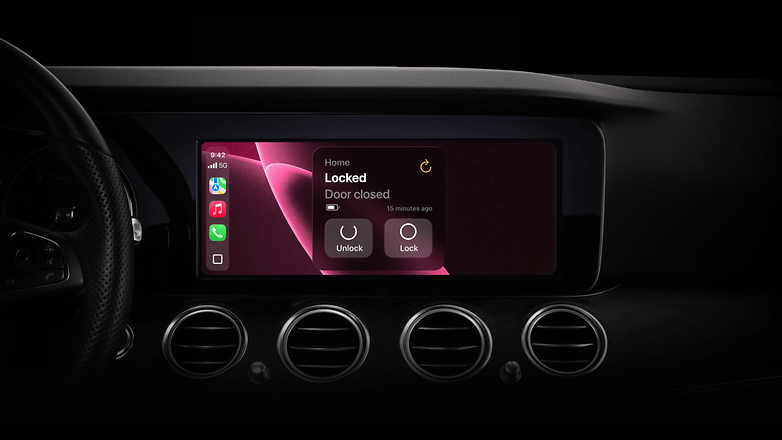 Car dashboard displaying Nuki CarPlay interface with options to unlock or lock the door.