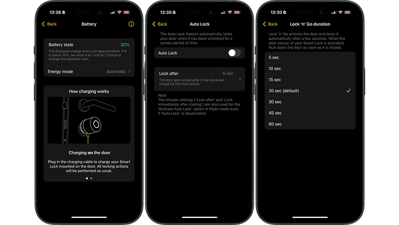 Drei Smartphone-Bildschirme, die Einstellungen für Nuki Smart Lock Pro 5.0 anzeigen: Batteriestatus, automatische Verriegelung und Verriegelungsdauer.