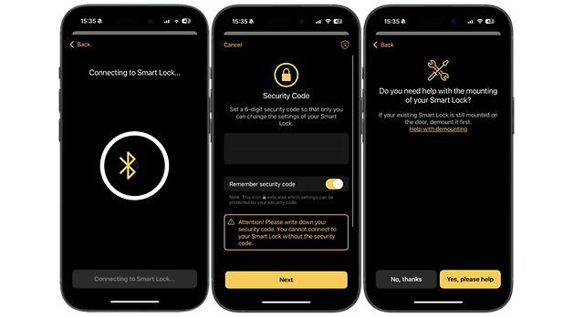 Drei Smartphone-Bildschirme, die den Einrichtungsprozess des Nuki Smart Lock Pro anzeigen.