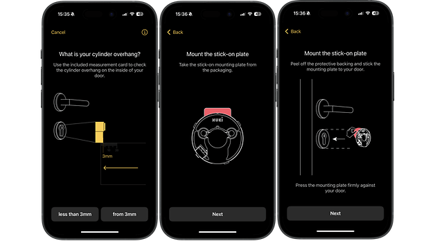 Captures d'écran d'un guide d'installation du Nuki Smart Lock Pro 5.0 sur un smartphone.