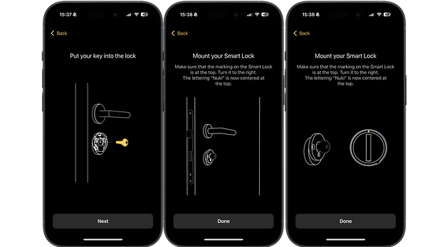 Bildschirme mit Einrichtungsschritten für die Installation des Nuki Smart Lock Pro