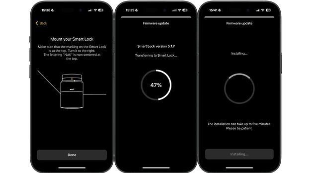 Écrans montrant le processus de configuration du Nuki Smart Lock Pro 5.0, y compris les instructions de montage et de mise à jour du firmware.