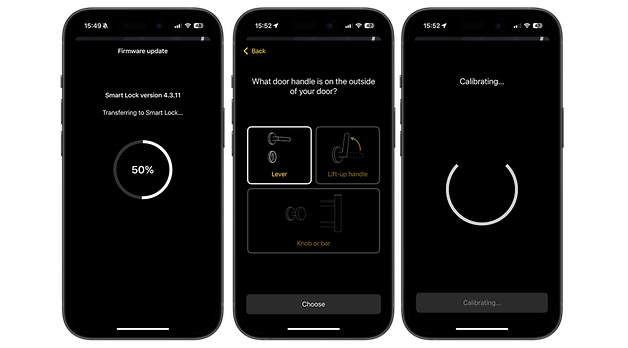 Drei Smartphone-Bildschirme zeigen Nuki Smart Lock Pro-Einstellungen und den Fortschritt des Firmware-Updates.