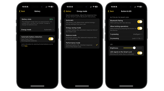 Screenshots der Nuki Smart Lock Pro-App, die den Batteriestatus, Energiemodi und Tascheneinstellungen anzeigen.