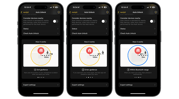 Drei Smartphone-Bildschirme zeigen die Auto Unlock-Einstellungen des Nuki Smart Lock Pro.