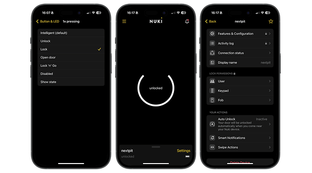 Drei Smartphone-Bildschirme zeigen die Einstellungen und den Status der Nuki Smart Lock Pro-App.