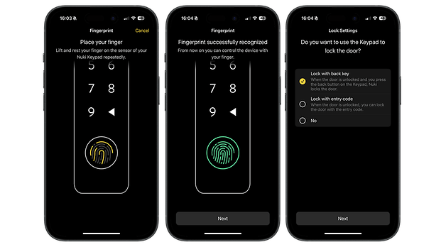 Nuki Smart Lock Pro Setup-Bildschirme mit Fingerabdruckerkennung und Tastensperroptionen.