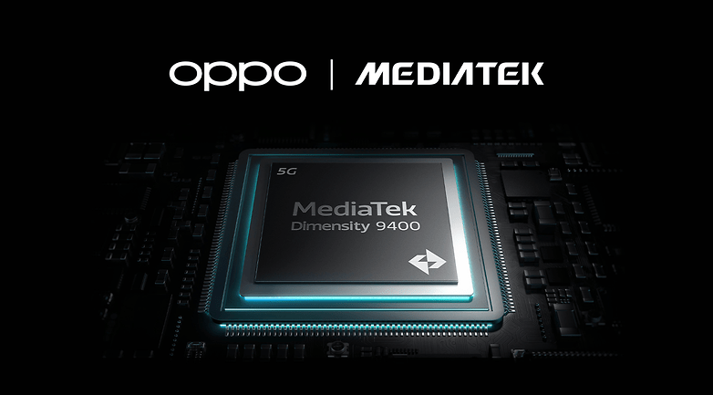 Oppo-Logo und MediaTek-Logo mit Dimensity 9400-Chip auf dunklem Hintergrund.