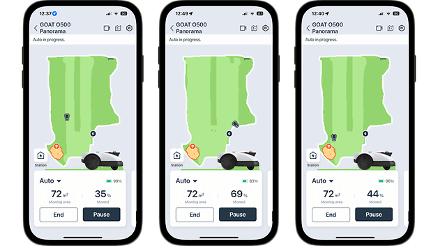 Trois smartphones affichant l'application GOAT 0500 avec une carte de la zone de tonte et des détails de progression.