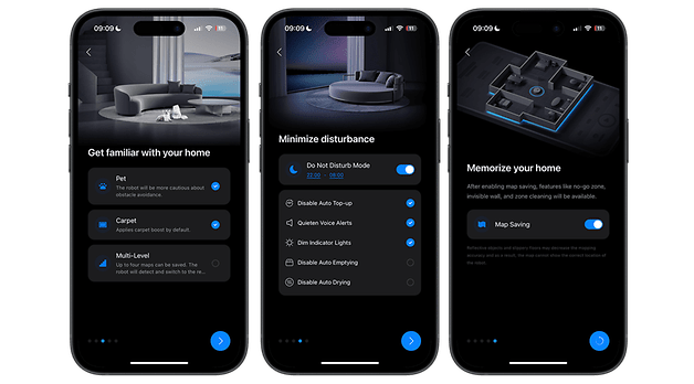 Trois écrans de smartphone affichant les paramètres pour Roborock Qrevo Slim : familiarisation avec la maison, minimisation des perturbations, mémorisation de la carte.