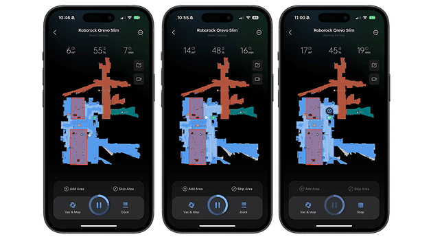 Interface de l'application Roborock Qrevo Slim montrant l'état de nettoyage et la carte de trois pièces.