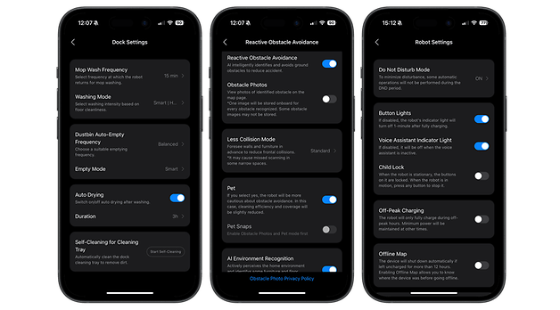 Interface de l'application mobile pour les paramètres de Roborock Qrevo Slim, y compris Dock, évitement d'obstacles et paramètres du robot.