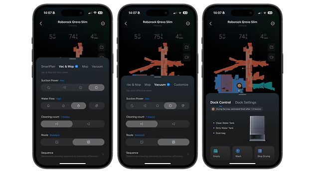 Interface de l'application Roborock Qrevo Slim montrant l'état de nettoyage, les paramètres et les options de contrôle du dock.