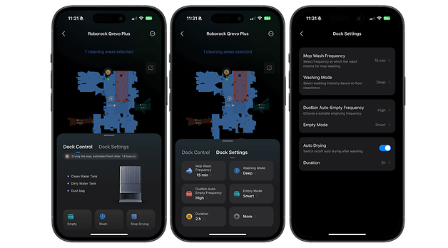 Screenshots from the Roborock app