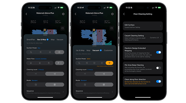 Screenshots from the Roborock app