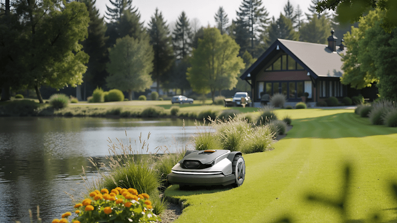 Ein Roborock-Mähroboter auf einer grünen Wiese am Ufer eines ruhigen Teiches mit einem Haus im Hintergrund. Ein Roborock-Mähroboter auf einer grünen Wiese am Ufer eines ruhigen Teiches mit einem Haus im Hintergrund.