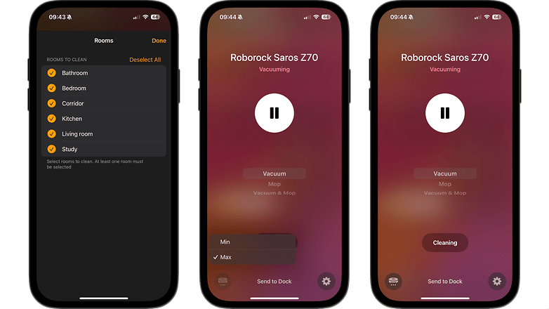 Roborock Saros Z70 App-Oberfläche mit Raumauswahl und Reinigungsstatus.