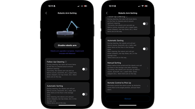 Roborock Saros Z70 robot arm settings user interface on a smartphone.